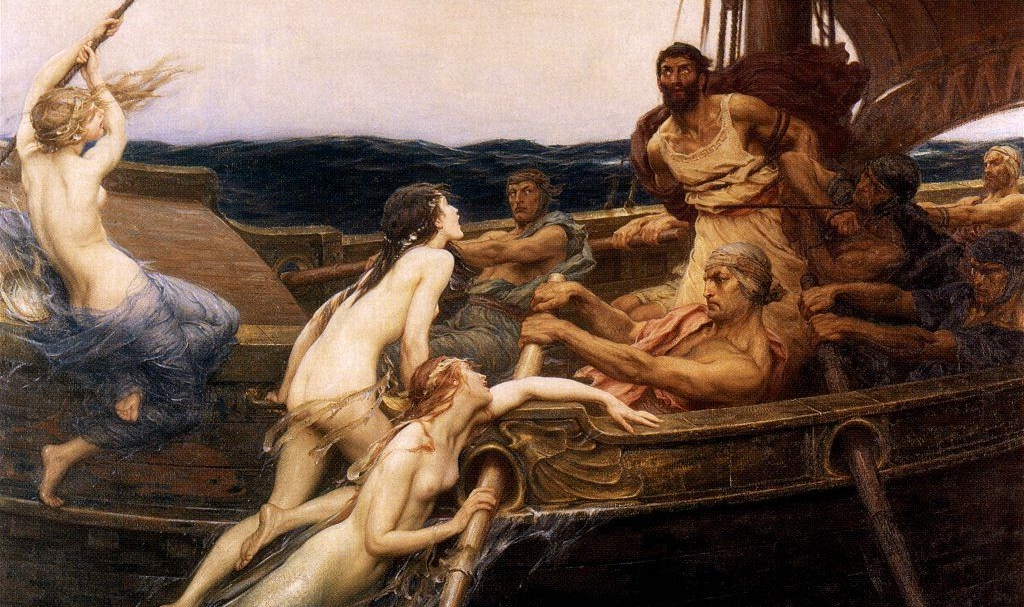 Atado ao mastro do navio, Ulisses ouve o canto das sereias. Pintura de Herbert James Draper